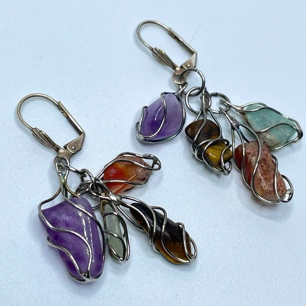Artisan Wire Wrap Multi Gemstone Dangle Lever Back Earrings Silver Tone Boho
